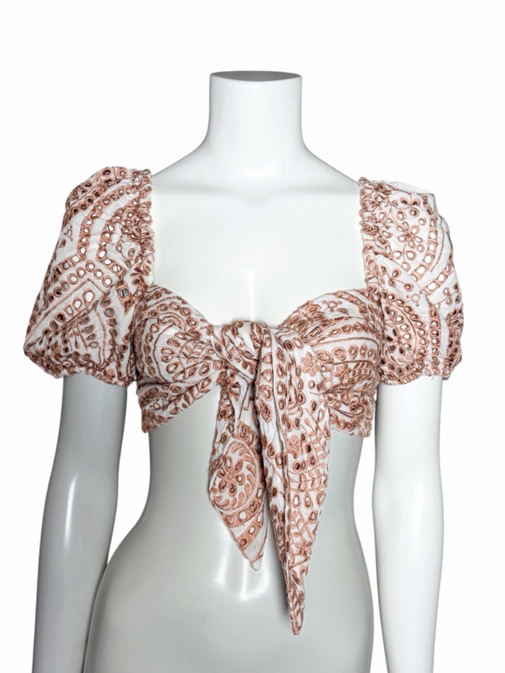 Bardot Eyelet Tie Front Crop Top Puff Sleeve White Tan Embroidered Boho EUC S - Picture 3 of 13